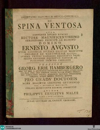 Dissertatio Inavgvralis Medico-Chirvrgica De Spina Ventosa : Pro Gradv Doctoris More Maiorvm Legitime Obtinendo Die I. Octobris MDCCXLVI. Pvblico Ervditorvm Examini Svbmittit