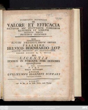 Dissertatio Inavgvralis De Valore Et Efficacia Pactorvm Sev Statvtorvm Familiarvm Illvstrivm Et Nobilivm Intvitv Tertii Praecipve Creditoris