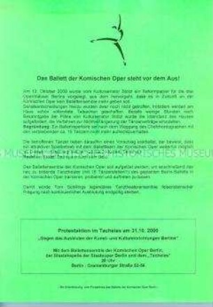 Flugblatt mit dem Aufruf des Balletts der Komischen Oper gegen die geplante Zusammenlegung der Berliner Opernhäuser