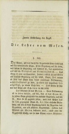 Zweite Abtheilung der Logik. Die Lehre vom Wesen.