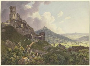 Die Ruinen Gleiberg und Vetzberg bei Gießen, links die beiden Burgruinen auf Bergen, rechts ein weites Tal, im Vordergrund Ausflügler und Hirten