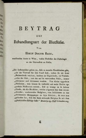 Beytrag zur Behandlungsart der Blutflüsse. Von Herrn Doctor Rath,[...]