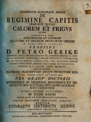 Diss. inaug. med. de regimine capitis, praecipue quoad calorem et frigus