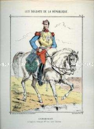 Karikatur, Karabinier zu Pferd, Frankreich, 1870, Tafel 30 aus: Les Soldats de la République. L'Armée Française en campagne.