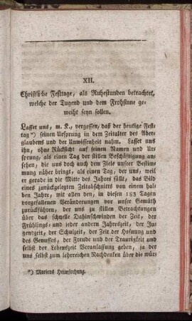 XII. Christliche Festtage, als Ruhestunden betrachtet, welche der Tugend und dem Frohsinne geweiht seyn sollen.