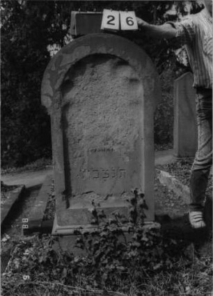 Grabstein 26 (Index: 99792861) Material: Sandstein Zustand: fast gänzlich verwittert Maße HxBxT: 125x59x31 cm Beschreibung: Stele, Sockel profiliert, seitlich überstehender Rundbogenabschluß, Schriftfeld eingetieft mit Rundbogenabschluß, Rundbogenfries: Grabstein 26