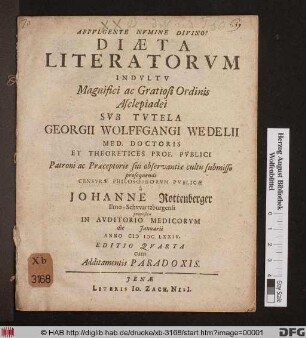 Diaeta Literatorum : cum Additamentis Paradoxis
