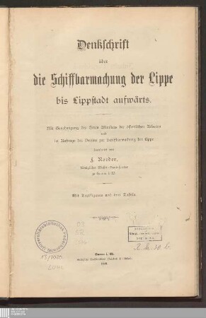 Denkschrift über die Schiffbarmachung der Lippe bis Lippstadt aufwärts