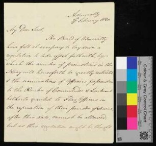 Brief/Handschreiben des Vorstandes der Admiralität bezgl der Regularien in der Ernennung der Dienstgrade und dass man ihm, Northesk, zugestehe, diese Entscheidungen zu treffen