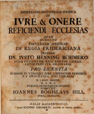 Dissertatio Inavgvralis Ivridica De Ivre & Onere Reficiendi Ecclesias