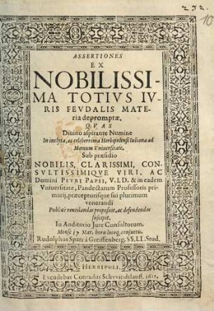 Assertiones Ex Nobilissima Totivs Ivris Fevdalis Materia depromptae