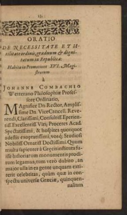 Oratio De Necessitate Et Utilitate ordinis, graduum & dignitatum in Republica ...