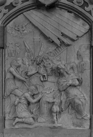Stralsund. St.-Nikolai-Kirche, Kanzel, Relief der Brüstung, Anbetung