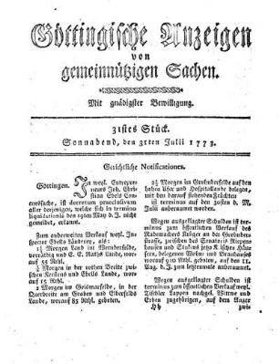 31stes Stück. Sonnabends, den 31ten Julii 1773.