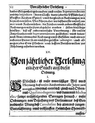 XV. Von jährlicher Verlesung etlicher Stücke auß dieser Ordnung