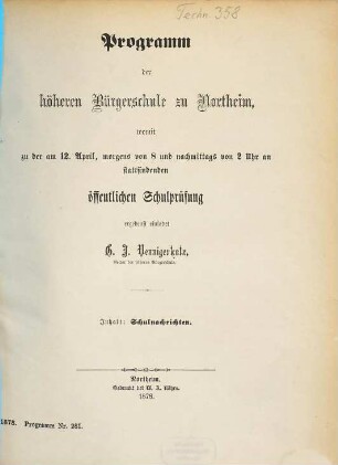 Programm der Höheren Bürgerschule zu Northeim : womit zu d. am ... stattfindenden öffentl. Schulprüfung ergebenst einladet ... 1877/78