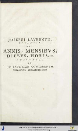 Josephus Laurentius: De Annis, Mensibus, Diebus, Horis Etc. Tractatio.