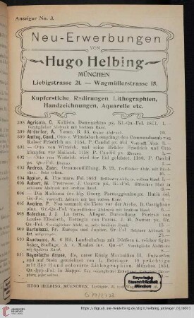 Nr. 3: Neu-Erwerbungen von Hugo Helbing, München: Anzeiger: Kupferstiche, Radirungen, Lithographien, Handzeichnungen, Aquarelle etc.