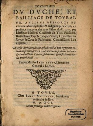 Coustumes du Duche et Bailliage de Touraine