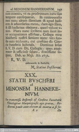 XXX. Statii Buscheri ad Menonem Hannekenium