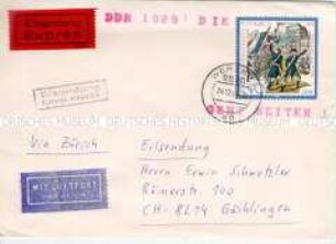 Adressierter Briefumschlag mit Sondermarke der DDR zum 200. Jahrestag der Französischen Revolution und Stempel zur Revolution 1989 in der DDR