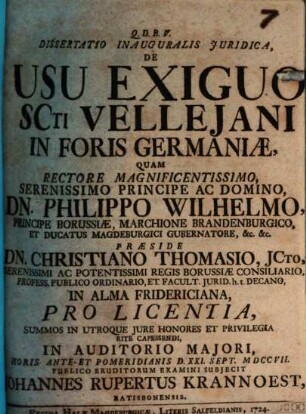 Dissertatio Inauguralis Juridica, De Usu Exiguo Scti Vellejani In Foris Germaniæ
