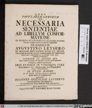 Popvlarem Errorem De Necessaria Sententiae Ad Libellvm Conformatione : Ex Decreto Et Avctoritate Illvstris In Alma Ivlia Ivreconsvltorvm Ordinis