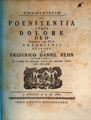 Commentatio de poenitentia atque dolore deo Geneseos cap. VI, 6. adscriptis