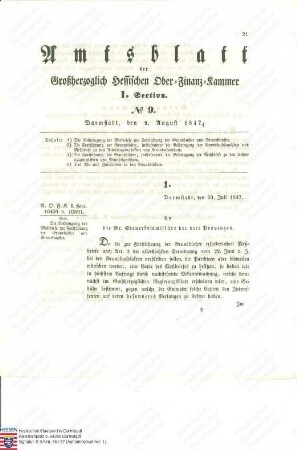 Anlage zur Verordnung betreffend die Fortführung der Grundbücher, insbesondere die Beibringung der Messbriefe zu den Übertragungsakten von Grundeigentum (ein ausführliches Schreiben an das Hessische Hofgericht in Darmstadt und Gießen vom 9. Juli 1847)
