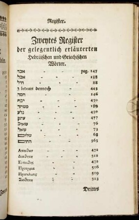 Zweytes Register der gelegentlich erläuterten Hebräischen und Griechischen Wörter.
