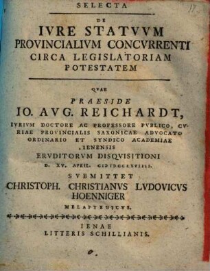 Selecta de iure statuum provincialium concurrenti circa legislatoriam potestatem