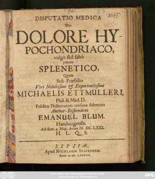 Disputatio Medica De Dolore Hypochondriaco, vulgo sed falso putato Splenetico,