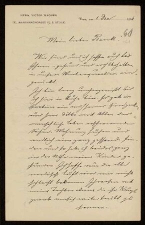 61: Brief von Hermann Victor Wagner an Gottlieb Planck, Wien, 1.12.1896