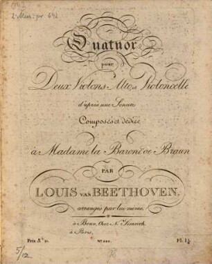 Quatuor : pour 2 violons, alto & violoncelle d'après une sonate