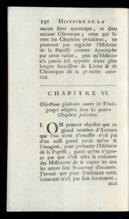 Chapitre VI. Objections générales contre les Témoignages alleguez dans les quatre Chapitres précedens.