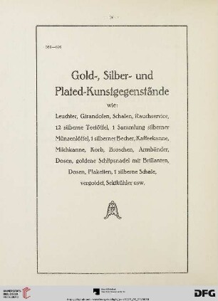 Gold-, Silber- und Plated-Kunstgegenstände (Nr. 551-606)