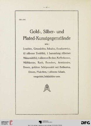 Gold-, Silber- und Plated-Kunstgegenstände (Nr. 551-606)
