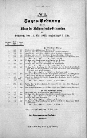 Tages-Ordnung No. 10 (129-143), 11. Mai 1910