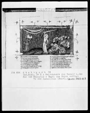 Weltchronik des Rudolf von Ems — Der Racheengel des Herrn zieht durchs Land, Folio 169recto