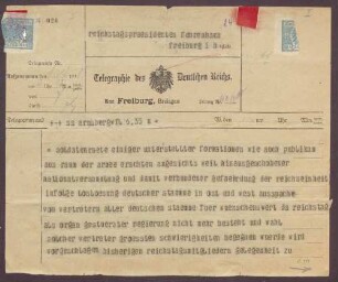 Telegramm der Emser Soldatenräte an Constantin Fehrenbach, Haltung des Reichstages zu den Räten und der Frage der Reichseinheit