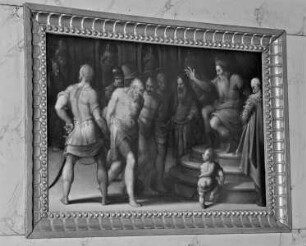 Altare Vasari — Rückseite des Altars — Szenen aus dem Alten und Neuen Testament und Porträts — Die heiligen Märtyrer Giusto, Ermenio und Asterio vor dem Richter