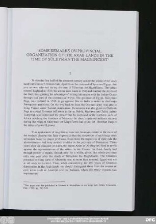 Some Remarks On Provincial Organization Of The Arab Lands In The Time Of Süleyman The Magnificent