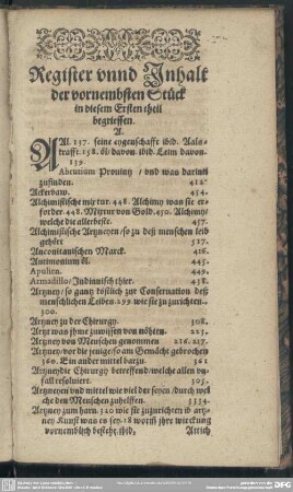 Register unnd Inhalt der vornembsten Stück in diesem Ersten theil begrieffen