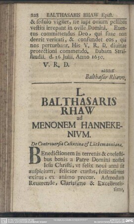 L. Balthasaris Rhaw ad Menonem Hannekenium