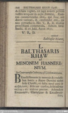 L. Balthasaris Rhaw ad Menonem Hannekenium
