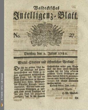 No. 27, Dienstag den 2. Julius 1782