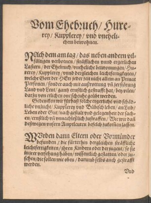 Vom Ehebruch/ Hurerey/ Kupplerey/ und unehelichem beiwohnen.