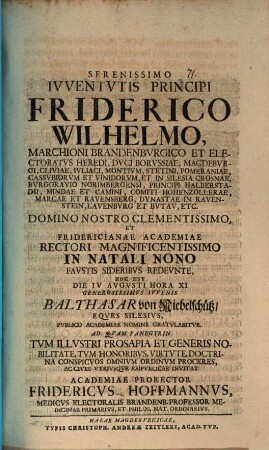 Programma in natalem IX. Friderici Wilhelmi, Principis iuvent. Boruss.