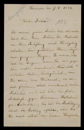 Nr. 1: Brief von Hans Mangoldt an Adolf Hurwitz, Hannover, 7.4.1884