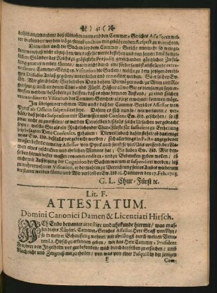 Lit. F. Attestatum. Domini Canonici Damen & Licentiati Hirsch